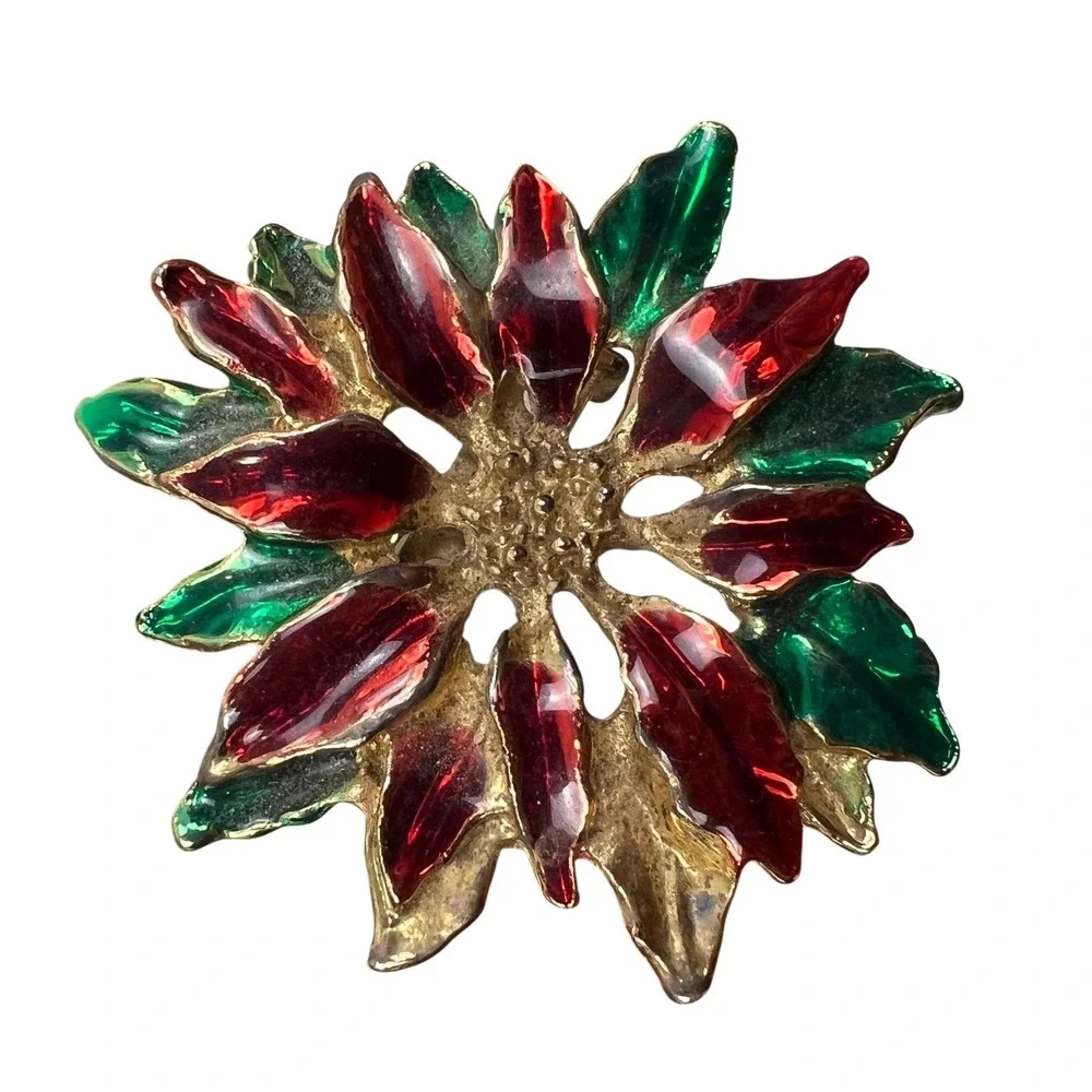 Vintage Christmas Poinsettia Brooch Red Green Enamel Gold Tone Holiday Pin